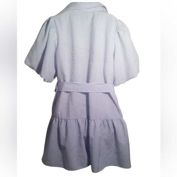 Aura Women’s Crinkle Blue White Button Front Cottagecore Puff Dress Size Large - Picture 2 of 8